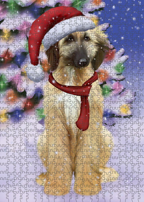 Winterland Wonderland Afghan Hound Dog In Christmas Holiday Scenic Background Puzzle with Photo Tin PUZL82036