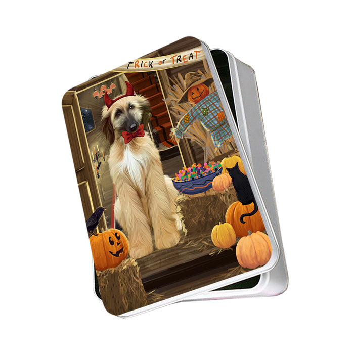 Enter at Own Risk Trick or Treat Halloween Afghan Hound Dog Photo Storage Tin PITN52922