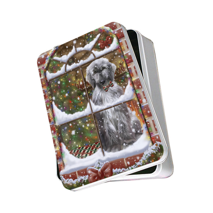 Please Come Home For Christmas Afghan Hound Dog Sitting In Window Photo Storage Tin PITN57520
