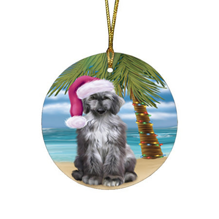 Summertime Happy Holidays Christmas Afghan Hound Dog on Tropical Island Beach Round Flat Christmas Ornament RFPOR54514