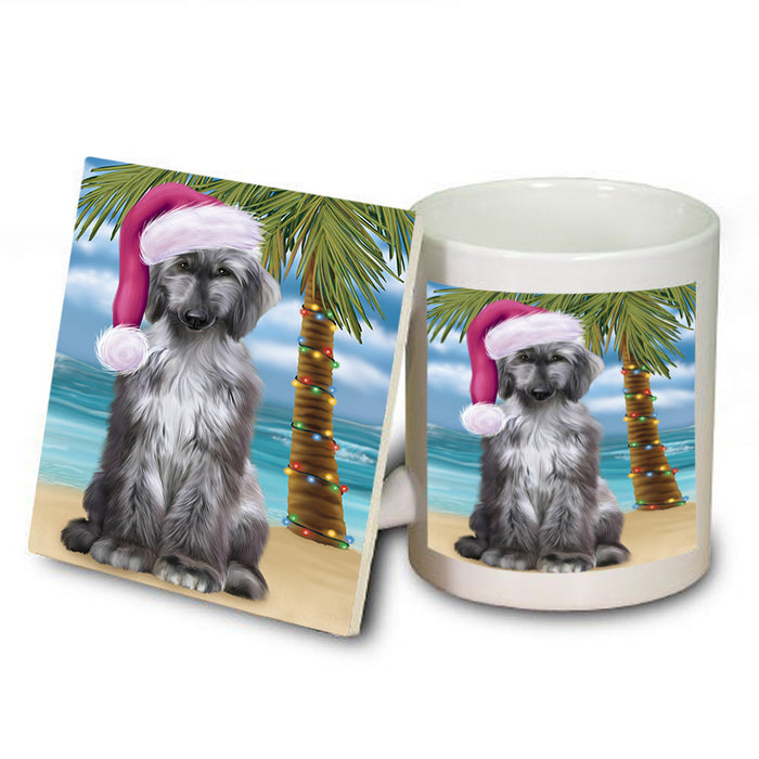 Summertime Happy Holidays Christmas Afghan Hound Dog on Tropical Island Beach Mug and Coaster Set MUC54387