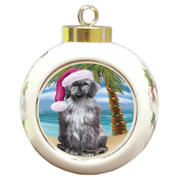 Summertime Happy Holidays Christmas Afghan Hound Dog on Tropical Island Beach Round Ball Christmas Ornament RBPOR54523