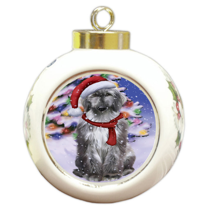 Winterland Wonderland Afghan Hound Dog In Christmas Holiday Scenic Background Round Ball Christmas Ornament RBPOR53721