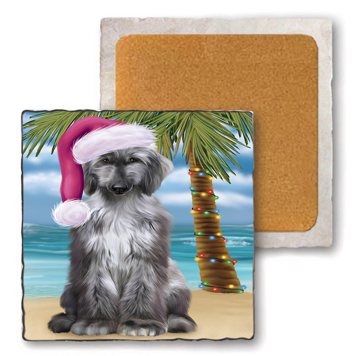 Summertime Happy Holidays Christmas Afghan Hound Dog on Tropical Island Beach Set of 4 Natural Stone Marble Tile Coasters MCST49395