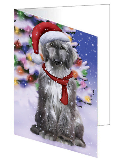 Winterland Wonderland Afghan Hound Dog In Christmas Holiday Scenic Background Handmade Artwork Assorted Pets Greeting Cards and Note Cards with Envelopes for All Occasions and Holiday Seasons GCD65192