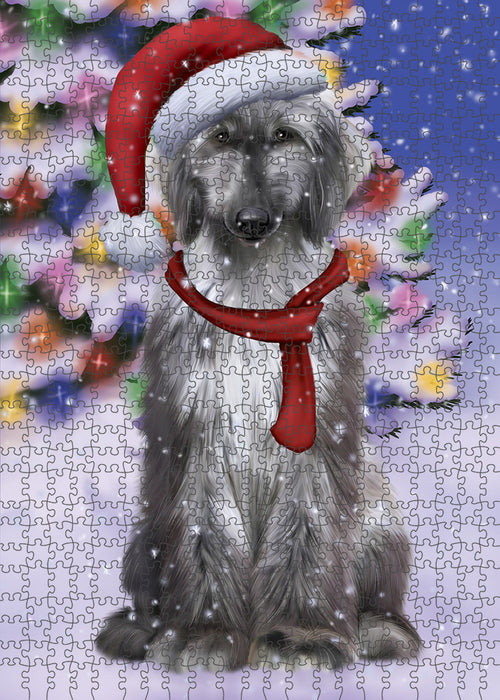 Winterland Wonderland Afghan Hound Dog In Christmas Holiday Scenic Background Puzzle with Photo Tin PUZL82040