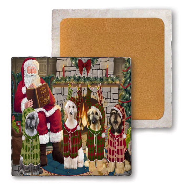 Christmas Cozy Holiday Tails Afghan Hounds Dog Set of 4 Natural Stone Marble Tile Coasters MCST50084