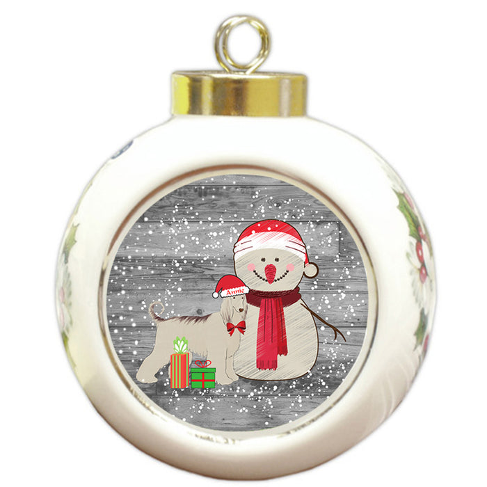 Custom Personalized Snowy Snowman and Afghan Hound Dog Christmas Round Ball Ornament