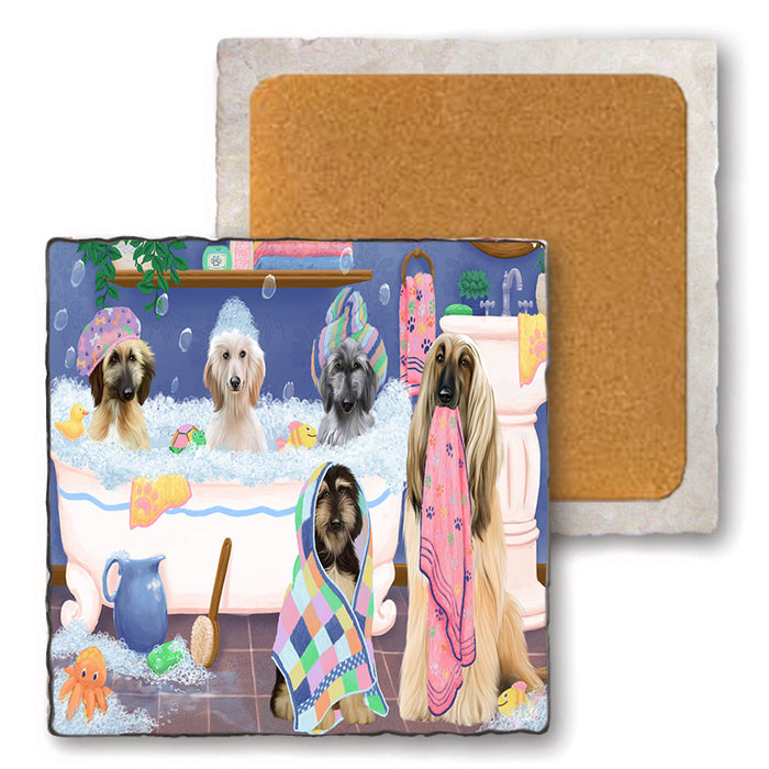 Rub A Dub Dogs In A Tub Afghan Hounds Dog Set of 4 Natural Stone Marble Tile Coasters MCST51748