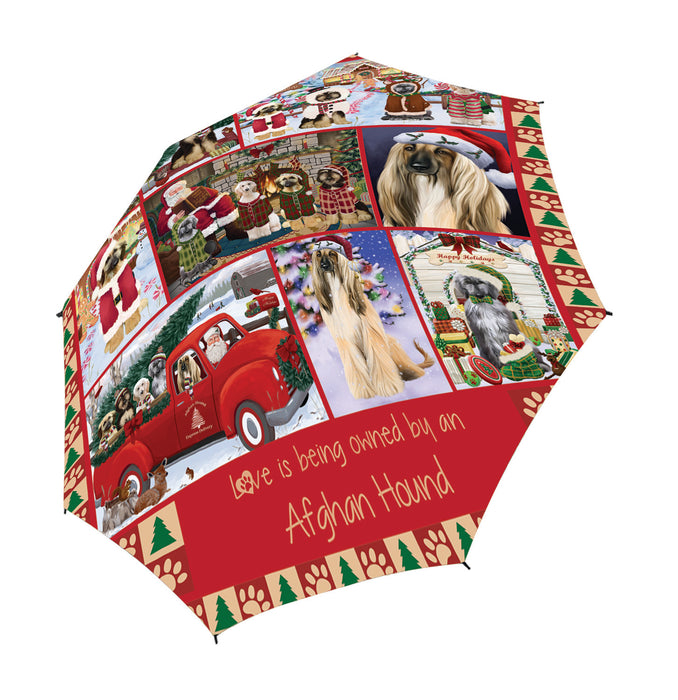Love is Being Owned Christmas Afghan Hound Dogs Semi-Automatic Foldable Umbrella