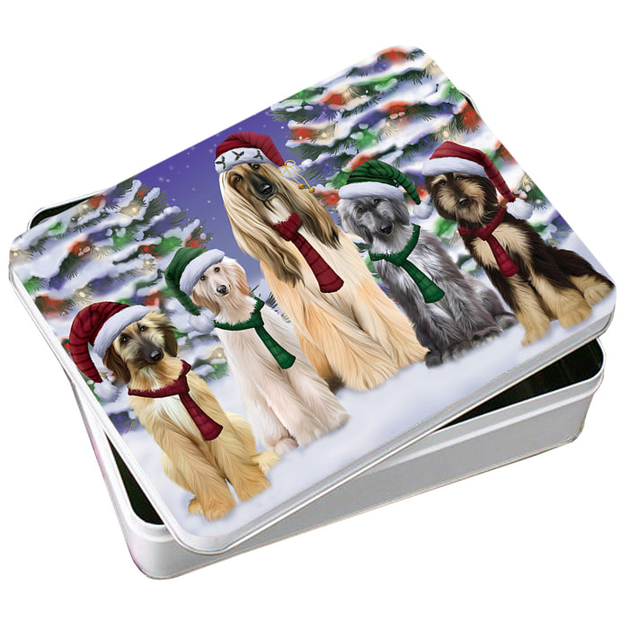 Afghan Hounds Dog Christmas Family Portrait in Holiday Scenic Background Photo Storage Tin PITN52702
