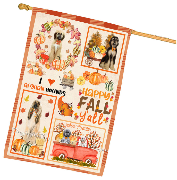 Happy Fall Y'all Pumpkin Afghan Hound Dogs House Flag Outdoor Decorative Double Sided Pet Portrait Weather Resistant Premium Quality Animal Printed Home Decorative Flags 100% Polyester