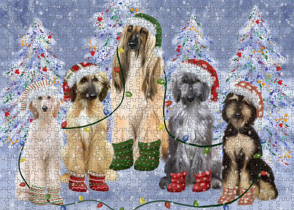 Christmas Lights and Afghan Hound Dogs Portrait Jigsaw Puzzle for Adults Animal Interlocking Puzzle Game Unique Gift for Dog Lover's with Metal Tin Box