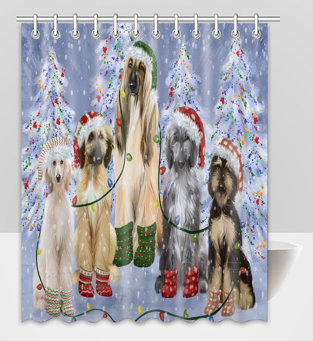 Christmas Lights and Afghan Hound Dogs Shower Curtain Pet Painting Bathtub Curtain Waterproof Polyester One-Side Printing Decor Bath Tub Curtain for Bathroom with Hooks