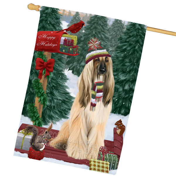 Christmas Woodland Sled Afghan Hound Dog House Flag Outdoor Decorative Double Sided Pet Portrait Weather Resistant Premium Quality Animal Printed Home Decorative Flags 100% Polyester FLG69499