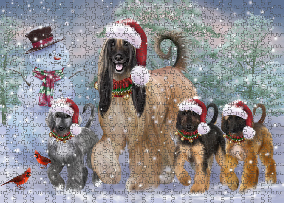 Christmas Running Family Afghan Hound Dogs Portrait Jigsaw Puzzle for Adults Animal Interlocking Puzzle Game Unique Gift for Dog Lover's with Metal Tin Box