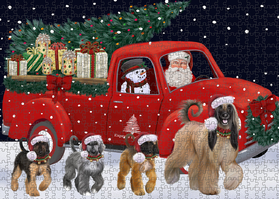 Christmas Express Delivery Red Truck Running Afghan Hound Dogs Puzzle with Photo Tin PUZL99560