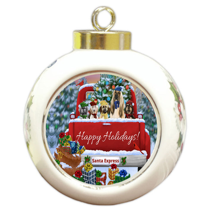Christmas Red Truck Travlin Home for the Holidays Afghan Hound Dogs Round Ball Christmas Ornament Pet Decorative Hanging Ornaments for Christmas X-mas Tree Decorations - 3" Round Ceramic Ornament
