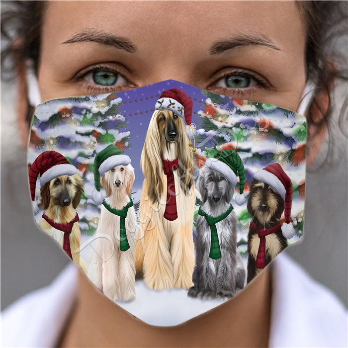 Afghan Hound Dogs Christmas Family Portrait in Holiday Scenic Background Face Mask FM48301