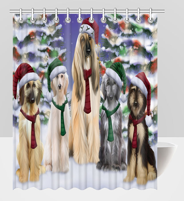 Afghan Hound Dogs Christmas Family Portrait in Holiday Scenic Background Shower Curtain