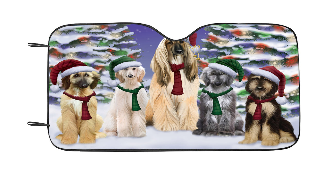 Afghan Hound Dogs Christmas Family Portrait in Holiday Scenic Background Car Sun Shade