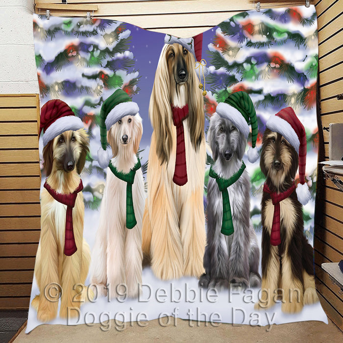 Afghan Hound Dogs Christmas Family Portrait in Holiday Scenic Background Quilt