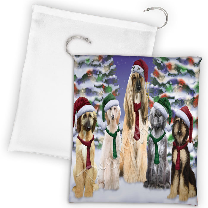 Afghan Hound Dogs Christmas Family Portrait in Holiday Scenic Background Drawstring Laundry or Gift Bag LGB48099