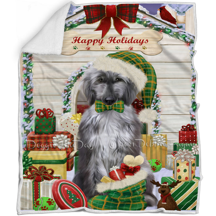 Happy Holidays Christmas Afghan Hound Dog House with Presents Blanket BLNKT142023