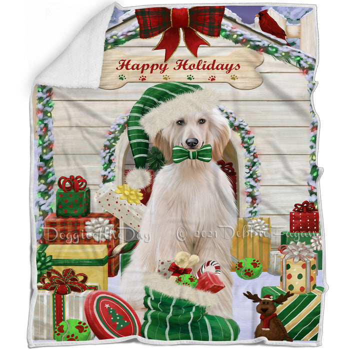Happy Holidays Christmas Afghan Hound Dog House with Presents Blanket BLNKT142024