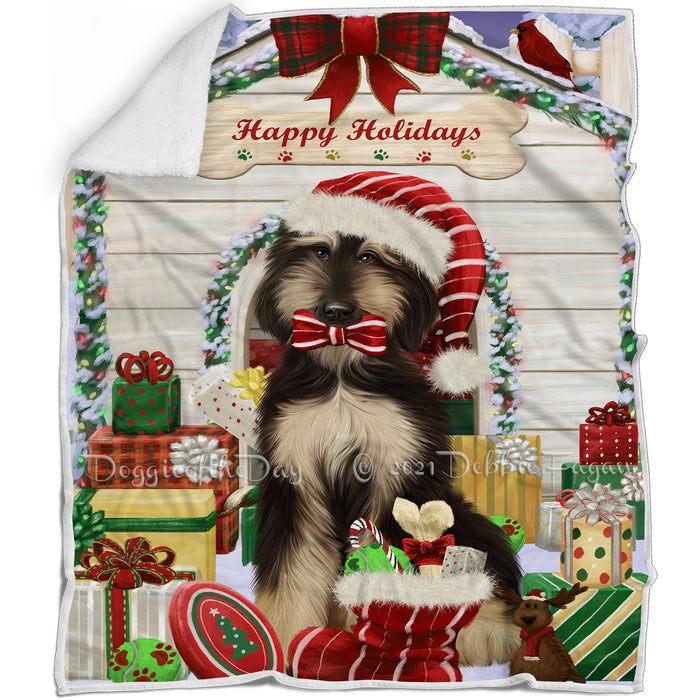 Happy Holidays Christmas Afghan Hound Dog House with Presents Blanket BLNKT142026