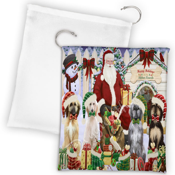 Happy Holidays Christmas Afghan Hound Dogs House Gathering Drawstring Laundry or Gift Bag LGB48002