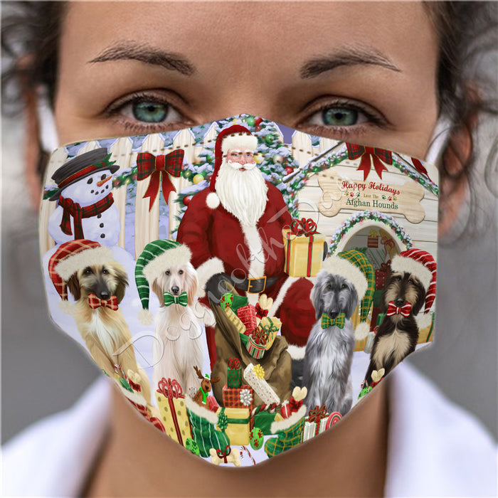 Happy Holidays Christmas Afghan Hound Dogs House Gathering Face Mask FM48204