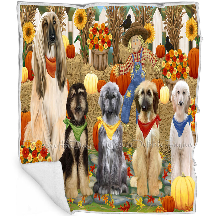 Fall Festive Gathering Afghan Hound Dogs with Pumpkins Blanket BLNKT142395