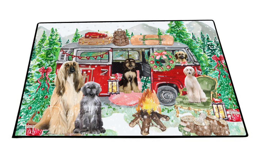 Christmas Time Camping with Afghan Hound Dogs Floor Mat- Anti-Slip Pet Door Mat Indoor Outdoor Front Rug Mats for Home Outside Entrance Pets Portrait Unique Rug Washable Premium Quality Mat