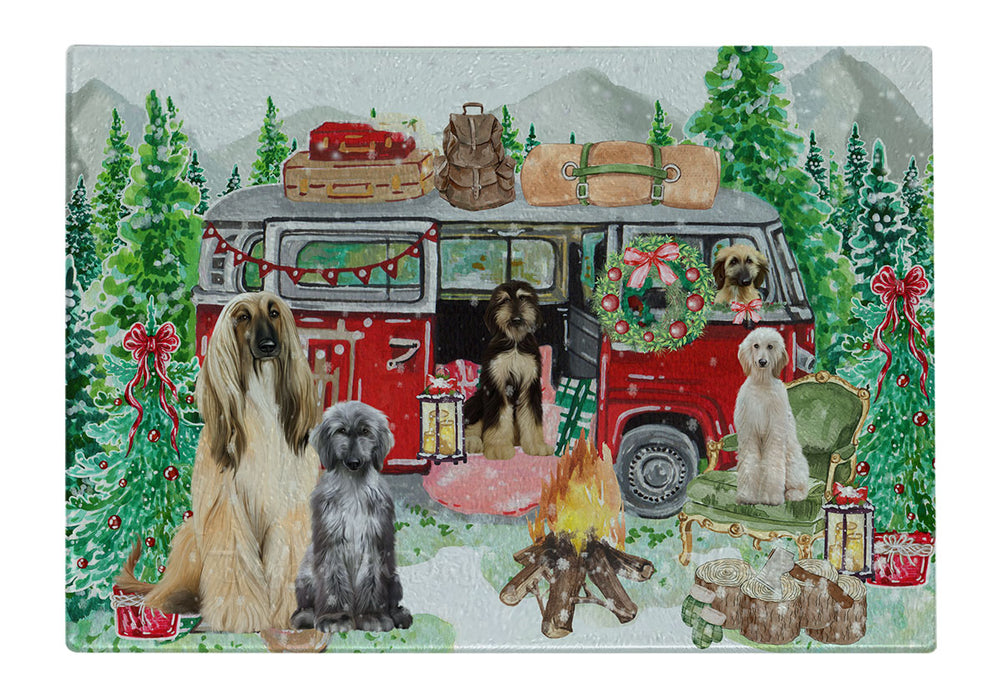 Christmas Time Camping with Afghan Hound Dogs Cutting Board - For Kitchen - Scratch & Stain Resistant - Designed To Stay In Place - Easy To Clean By Hand - Perfect for Chopping Meats, Vegetables