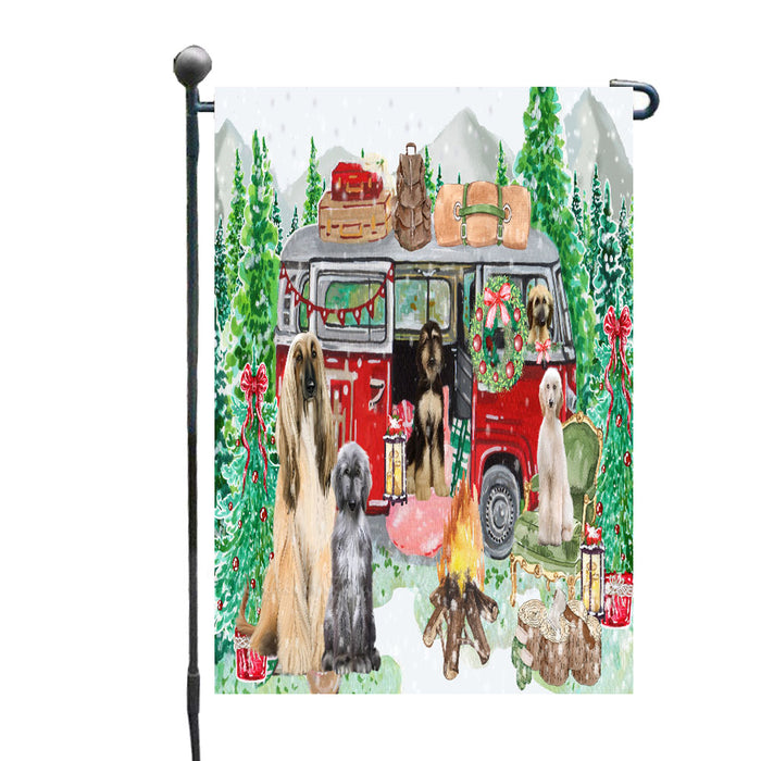 Christmas Time Camping with Afghan Hound Dogs Garden Flags- Outdoor Double Sided Garden Yard Porch Lawn Spring Decorative Vertical Home Flags 12 1/2"w x 18"h