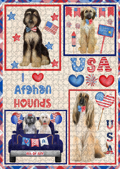 4th of July Independence Day I Love USA Afghan Hound Dogs Portrait Jigsaw Puzzle for Adults Animal Interlocking Puzzle Game Unique Gift for Dog Lover's with Metal Tin Box