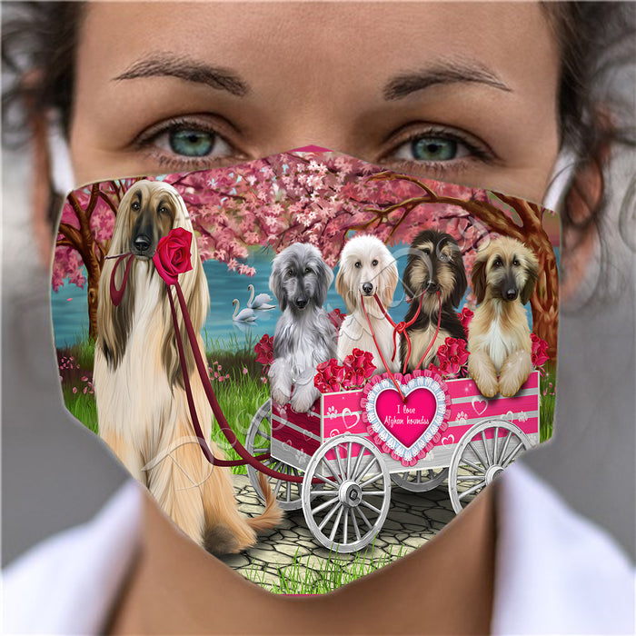 I Love Afghan Hound Dogs in a Cart Face Mask FM48103