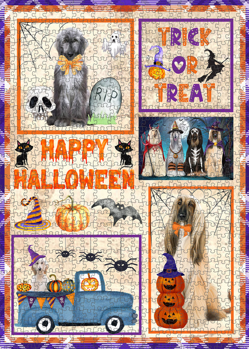 Happy Halloween Trick or Treat Afghan Hound Dogs Portrait Jigsaw Puzzle for Adults Animal Interlocking Puzzle Game Unique Gift for Dog Lover's with Metal Tin Box