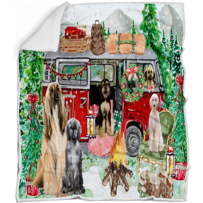Christmas Time Camping with Afghan Hound Dogs Blanket - Lightweight Soft Cozy and Durable Bed Blanket - Animal Theme Fuzzy Blanket for Sofa Couch