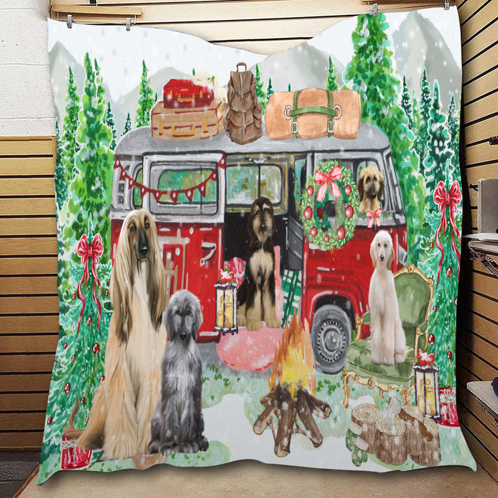 Christmas Time Camping with Afghan Hound Dogs  Quilt Bed Coverlet Bedspread - Pets Comforter Unique One-side Animal Printing - Soft Lightweight Durable Washable Polyester Quilt