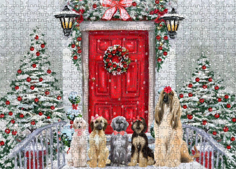 Christmas Holiday Welcome Afghan Hound Dogs Portrait Jigsaw Puzzle for Adults Animal Interlocking Puzzle Game Unique Gift for Dog Lover's with Metal Tin Box