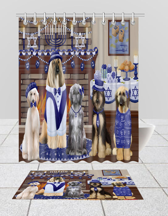 Happy Hanukkah Family Afghan Hound Dogs Bath Mat and Shower Curtain Combo