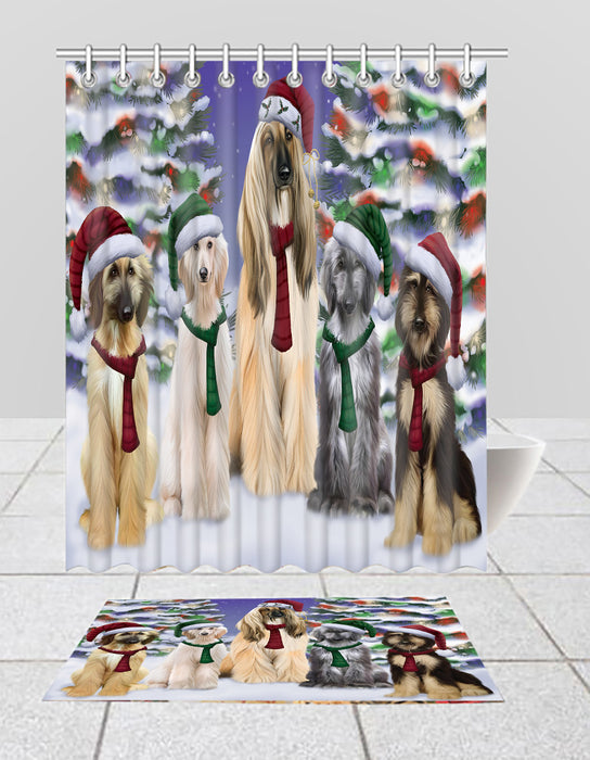 Afghan Hound Dogs Christmas Family Portrait in Holiday Scenic Background  Bath Mat and Shower Curtain Combo