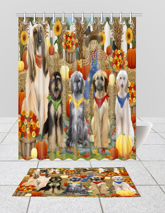 Fall Festive Harvest Time Gathering Afghan Hound Dogs Bath Mat and Shower Curtain Combo