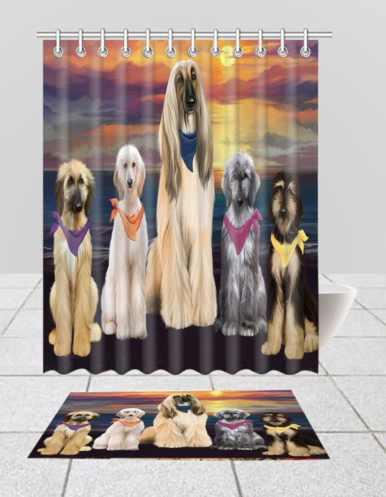 Family Sunset Portrait Afghan Hound Dogs Bath Mat and Shower Curtain Combo
