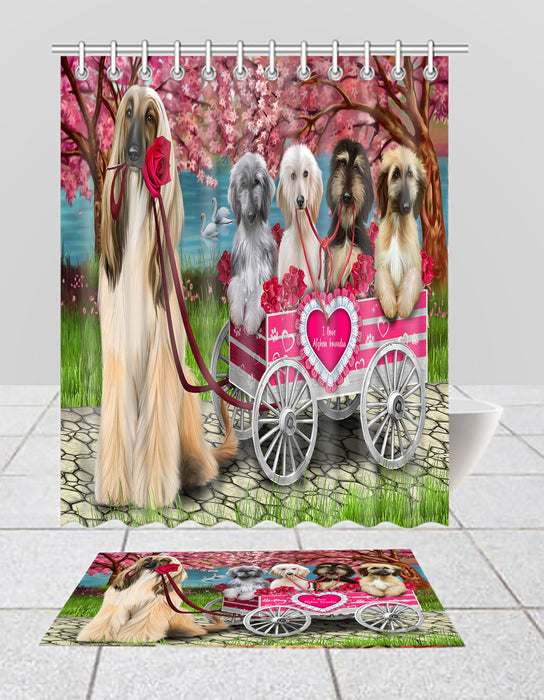 I Love Afghan Hound Dogs in a Cart Bath Mat and Shower Curtain Combo