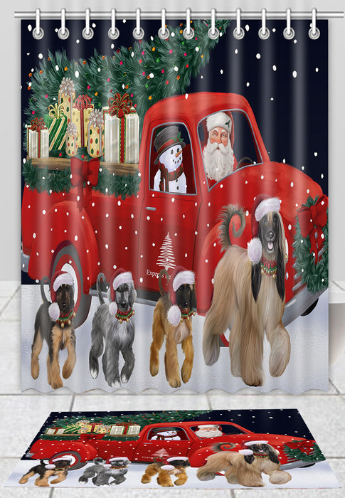 Christmas Express Delivery Red Truck Running Afghan Hound Dogs Bath Mat and Shower Curtain Combo