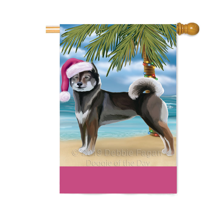 Personalized Summertime Happy Holidays Christmas Aiku Dog on Tropical Island Beach Custom House Flag FLG-DOTD-A60418