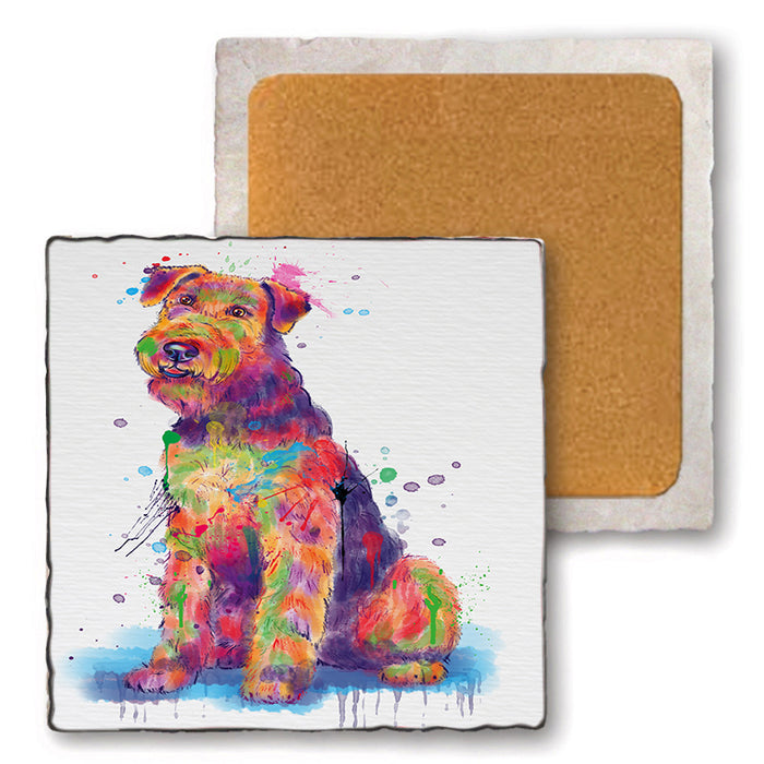Watercolor Airdale Terrier Dog Set of 4 Natural Stone Marble Tile Coasters MCST52066